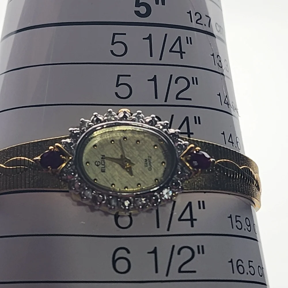 Vintage Elgin Gold Tone Ruby & White Sapphire Watch